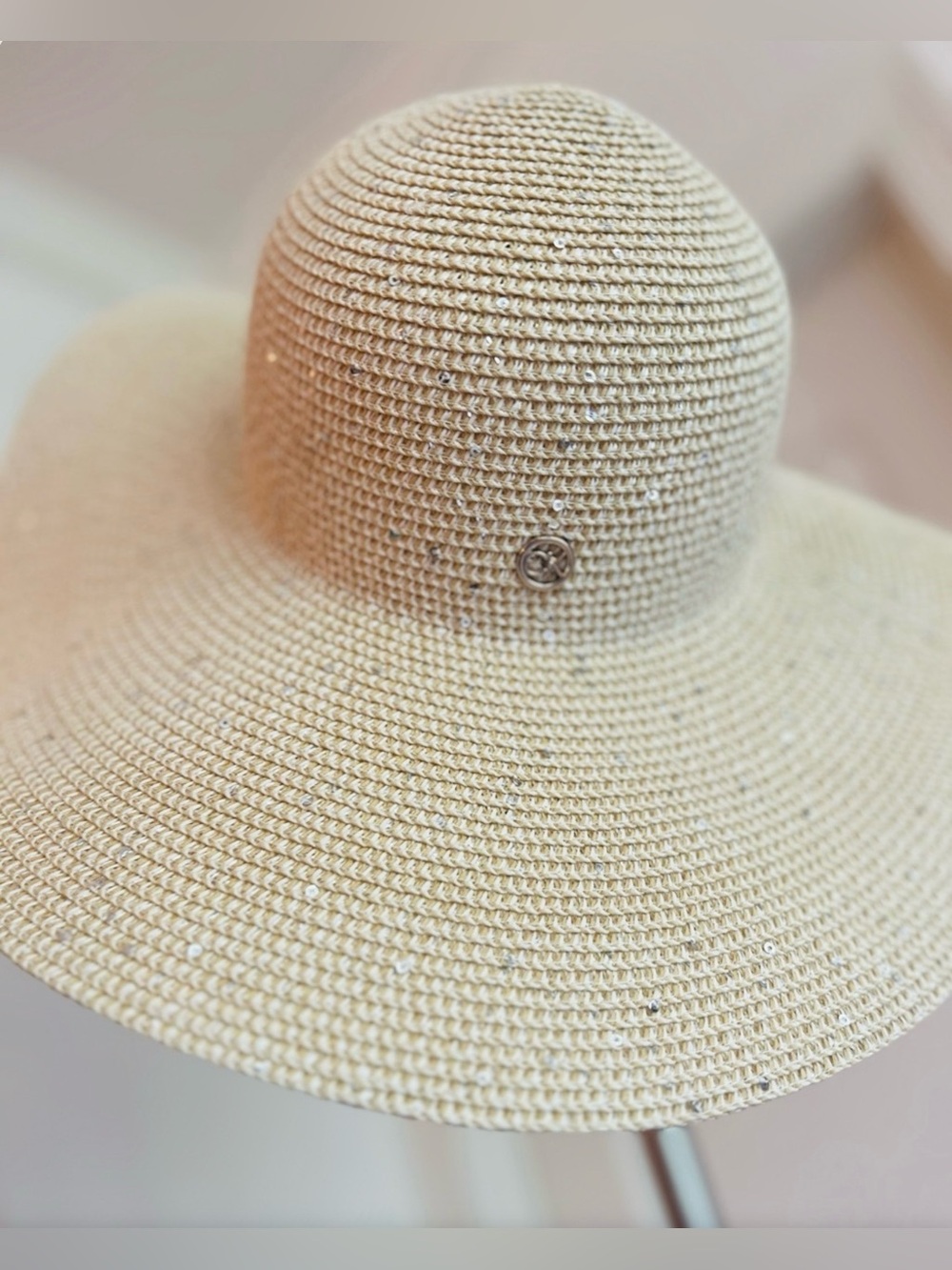Calvin Klein Sequined Wide Brim Packable Sun Hat Natural Straw OS NWOT - Picture 3 of 8